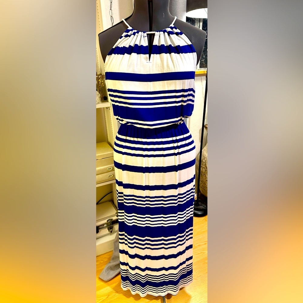 MILLY Sapphire Combo Blue & White Striped Rope Neck Halter Maxi Dress Sz L NWOT